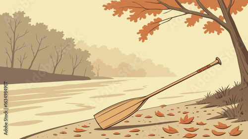 Autumn river scene with canoe paddle and fall leaves on riverbank illustration for web design and print use