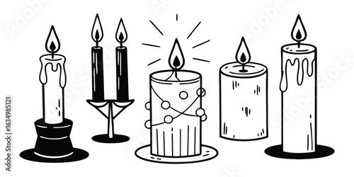 Illustration of various candles isolated on white background with flickering flames and dripping wax details