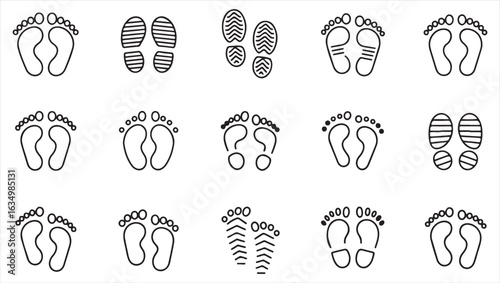 Set of Footprint Icons Representing Walking, Feet, and Footwear for Travel and Outdoor Activities

