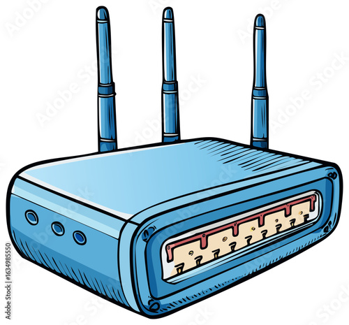 Stylized Vector Illustration of a Blue Wireless Router with Three Antennas