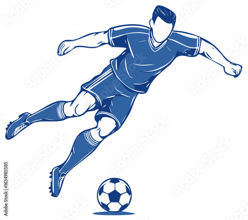 Dynamic soccer player in blue uniform mid-action kicking a ball with energetic movement and athleticism