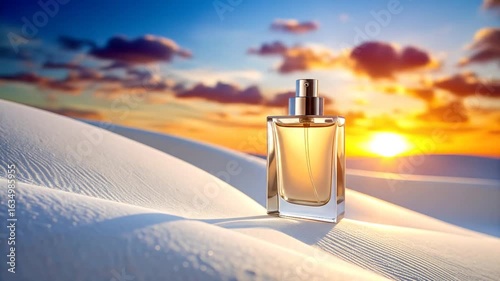 A perfume bottle stands on white dunes under a sunset sky. The bottle has a metallic top and is filled with amber liquid