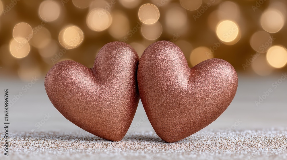 Obraz premium Two golden hearts on sparkling surface romantic concept