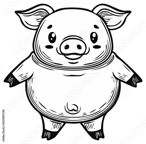 Cute Cartoon Pig Illustration Black and White Outline Drawing for Children's Books and Design