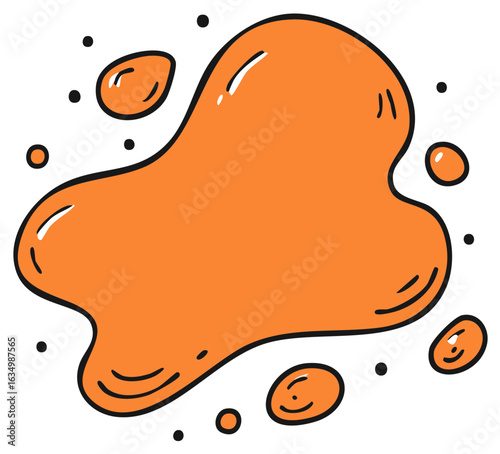 Hand drawn cartoon style orange liquid splash blob and droplets