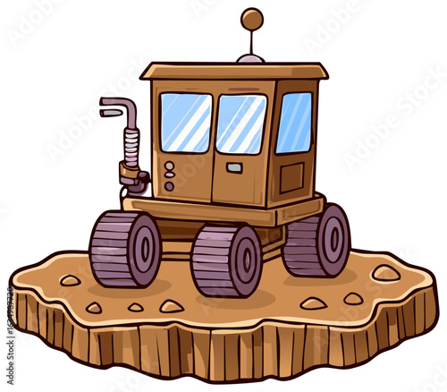 Cartoon Martian Rover Exploring a Crater on an Alien Planet Surface