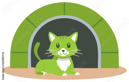Charming cartoon green cat resting inside a green arched doorway.