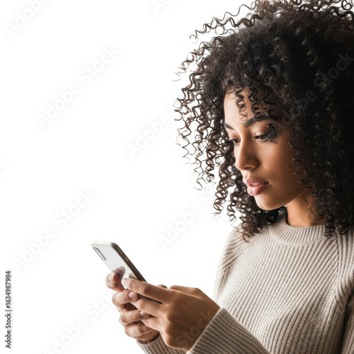 Young woman using smartphone isolated on transparent background