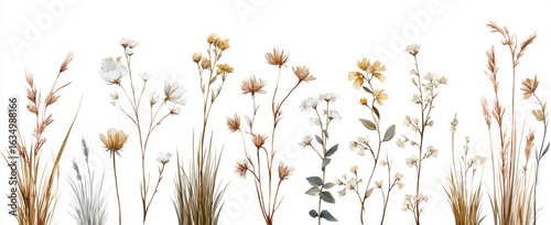 Watercolor floral arrangement features cream and tan flowers and grasses on a white background. Ideal for branding, wallpaper, or poster design.
