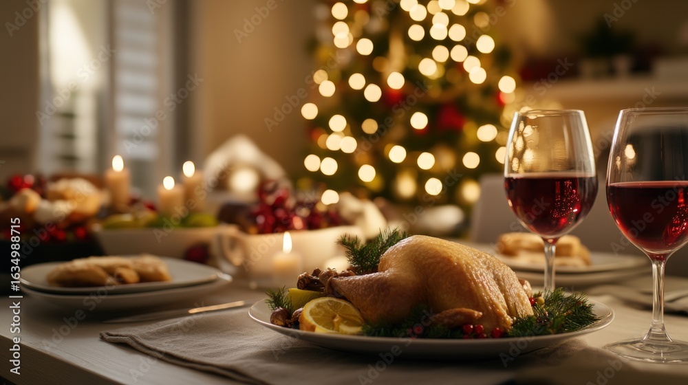Obraz premium Festive holiday roasted bird dinner table setting with red wine glasses and blurred christmas tree lights background for seasonal celebration and gathering