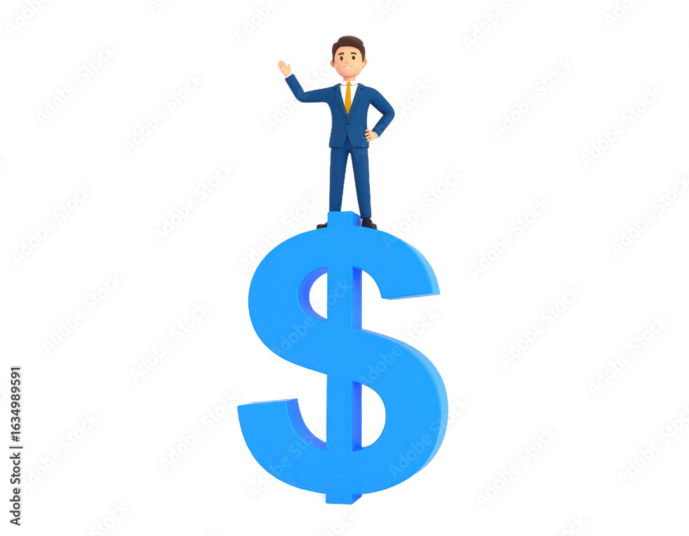Man Standing atop a Large Blue Dollar Sign on White Background Man Standing atop a Large Blue Dollar Sign on White Background