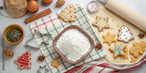 Fototapeta Naklejka Na Ścianę i Meble -  Capturing the joy of christmas baking with beautifully decorated cookies, flour dusted surfaces, fresh eggs, aromatic spices, and essential tools for a festive atmosphere