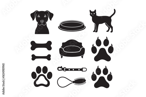 Collection of dog and cat pet accessories and silhouettes