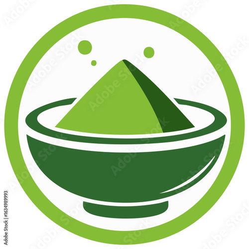 Green matcha powder in a bowl icon with a circular frame and floating orbs