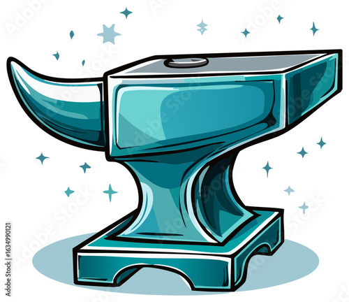 Shiny blue blacksmith anvil with sparkling stars and a cartoon style rendering