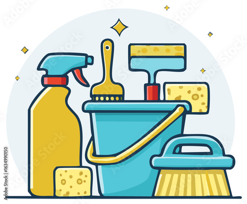 Complete household cleaning kit featuring bucket spray bottle sponges and brushes for domestic hygiene tasks and sanitization