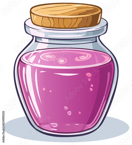 A vibrant pink magic potion bubbling inside a clear glass jar with a wooden cork stopper illustration