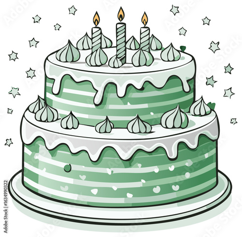 Two-tiered green birthday cake on a plate decorated with white frosting, meringue swirls, and candles surrounded by stars for celebrations