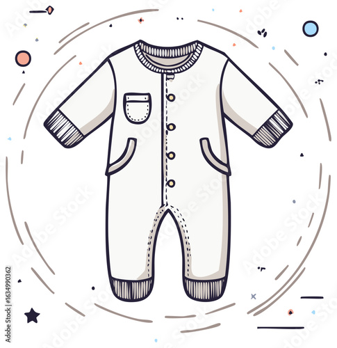 Baby bodysuit illustration, hand drawn design with pocket and buttons, isolated.