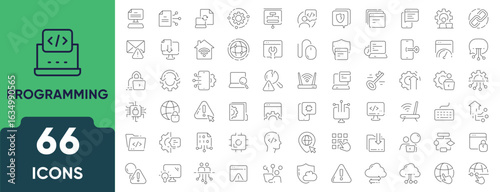Programming and coding icon set in linear style. A collection of 66 outline icons representing software development, coding, scripting, and digital technologies. Editable stroke.
