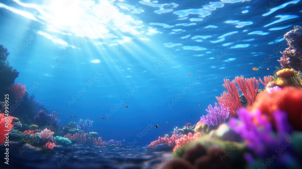 Naklejka premium Underwater coral reef scene with sunlight breaking through the surface