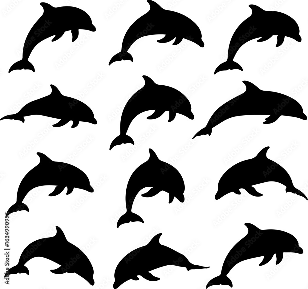 Obraz premium Collection of Elegant Dolphin Silhouettes: Playful, Leaping Poses, Vector Illustration, Black and White.