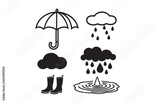 Hand drawn weather icons featuring umbrella rain boots and clouds