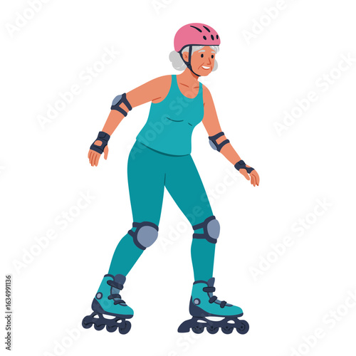 Vector illustration of senior woman active rollerblading on white background 