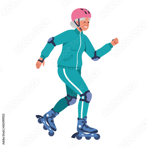 Vector illustration of senior woman active rollerblading on white background 