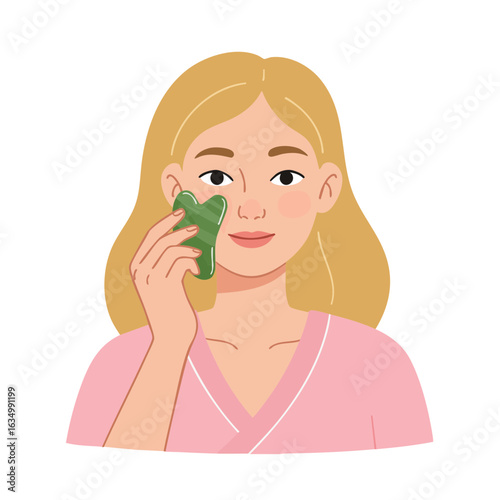 Vector illustration of woman relaxing doing gua sha massage on white background