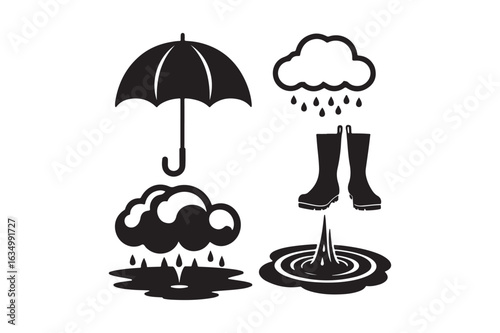 Rainy day icons umbrella boots clouds puddles