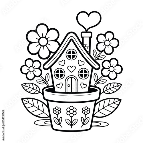 Adorable Flower Pot House Coloring Page – Charming Printable for Kids and Adults, Vector, Line art