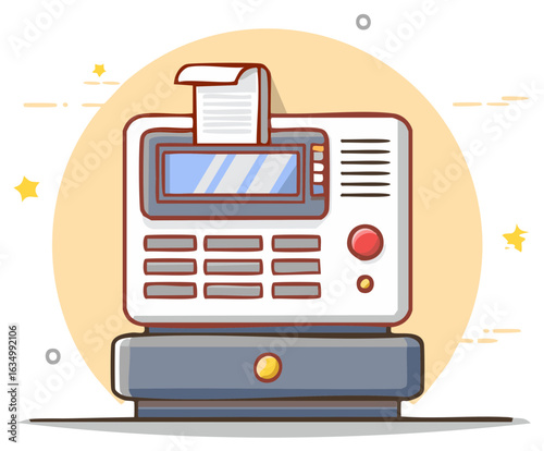 Vintage cash register vector illustration with receipt and pastel background