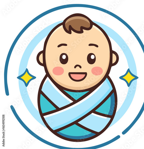 Cute smiling cartoon baby swaddled in blue inside a circular frame with sparkles