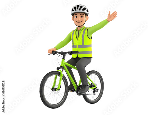 Cyclist wearing safety vest and helmet rides a green bicycle