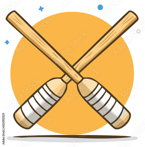 Two crossed wooden oars or paddles with white and gray striped grips against a warm orange circle background