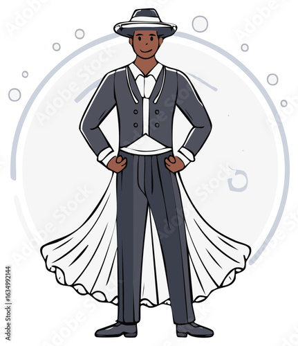 Formal Dressed Man with Cape Wearing a Fedora with Hands on Hips