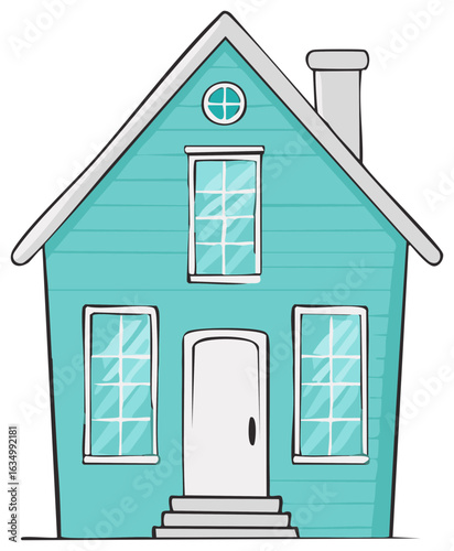 Cartoon Style Blue House with Chimney and Windows Front View