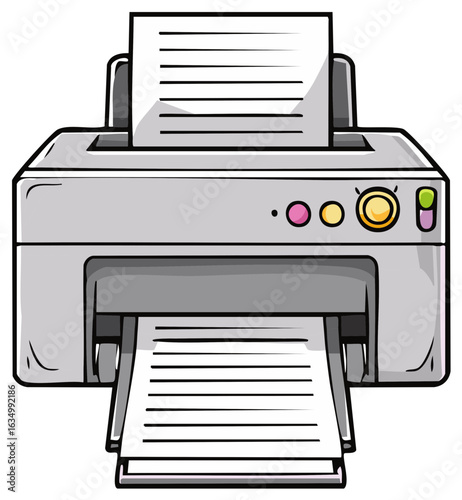 Office printer machine printing a paper document vector illustration