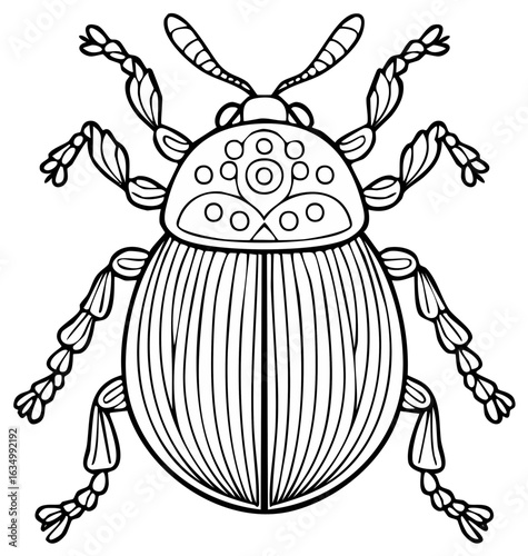 Detailed Line Art Illustration of an Ornamental Beetle with Unique Geometric Patterns for Coloring Activities