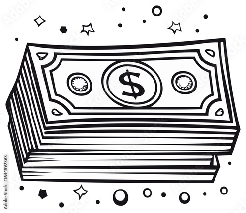 Stack of Currency Bills in Hand Drawn Style With Dollar Sign and Abstract Decoration