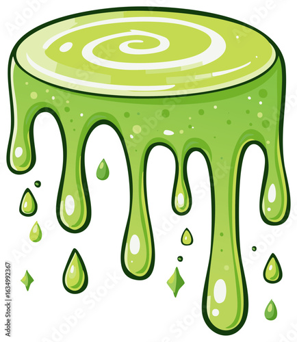 Green slime dripping illustration. Cartoon style slime with drips and spiral design.