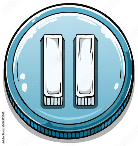 Cartoon style pause symbol inside a round blue frame, comic book style