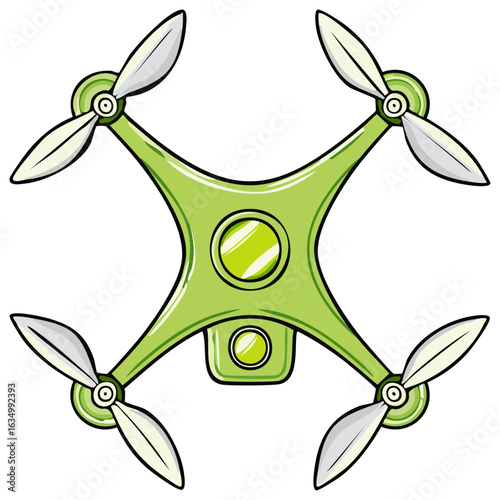 Green quadcopter drone with camera cartoon vector illustration