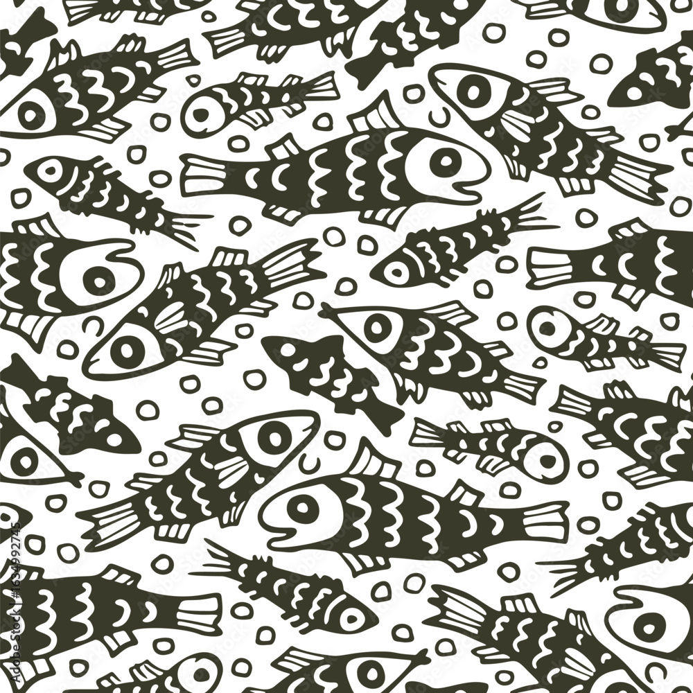 Obraz premium Monochrome Seamless fish pattern in doodle style. Vector illustration.
