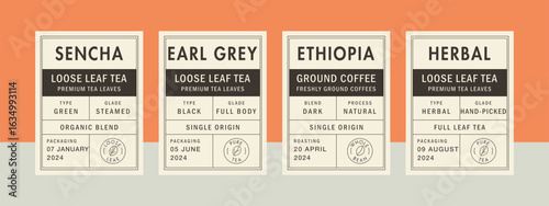 Minimalist packaging banner designs for coffee and tea products. Includes Arabica coffee stamp, botanical tea leaf icon, clean frames, and vintage style label layouts.