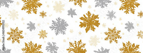 Gold and silver snowflakes on a different background, a seamless pattern with a Christmas theme. Vector illustration, flat design