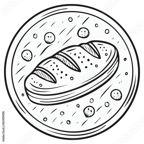 Hand drawn bread on a plate with small balls around