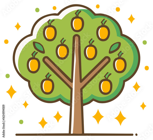 Cartoon fruit tree with orange fruits, leaves, and sparkle stars.