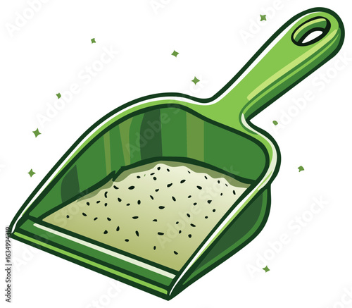 Green plastic dustpan holding swept up dust and debris, a cleaning tool for housework cartoon vector illustration